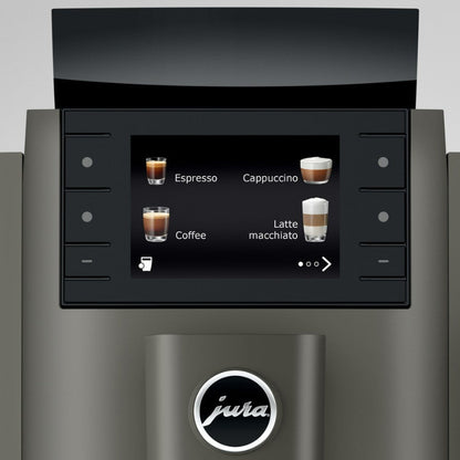 Jura coffee machine with touchscreen display showing coffee types.