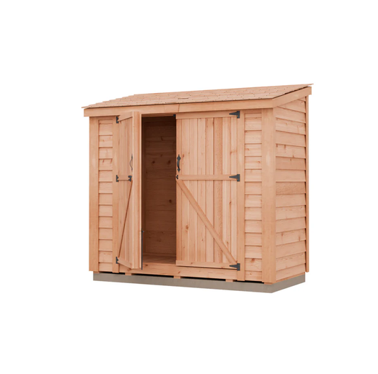 Wooden shed with open door on a white background