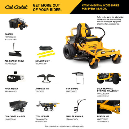 Cub Cadet attachments and accessories for a riding lawn mower on a white background.
