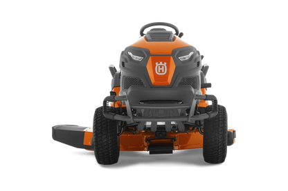 Orange and black lawn mower on a white background