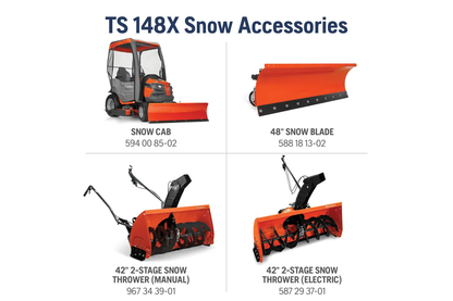 TS 148X Snow Accessories including snow cab, snow blade, and snow throwers on a white background.
