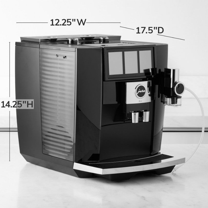 Black coffee machine with dimensions labeled on a white background