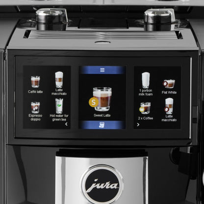 Coffee machine with a digital display showing various coffee options, featuring the Jura brand.