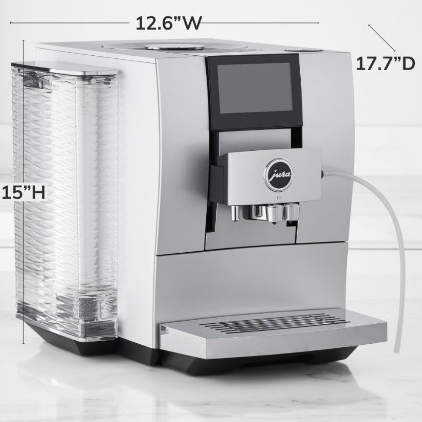 Coffee machine with dimensions labeled on a white background