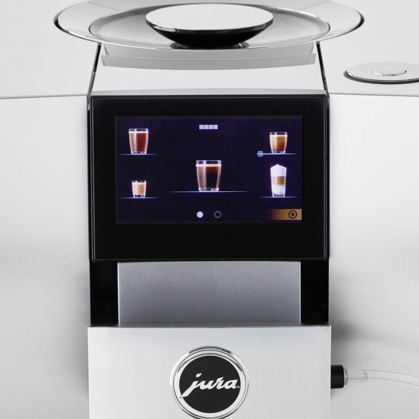Modern coffee machine with digital display and 'Jura' branding on a white background