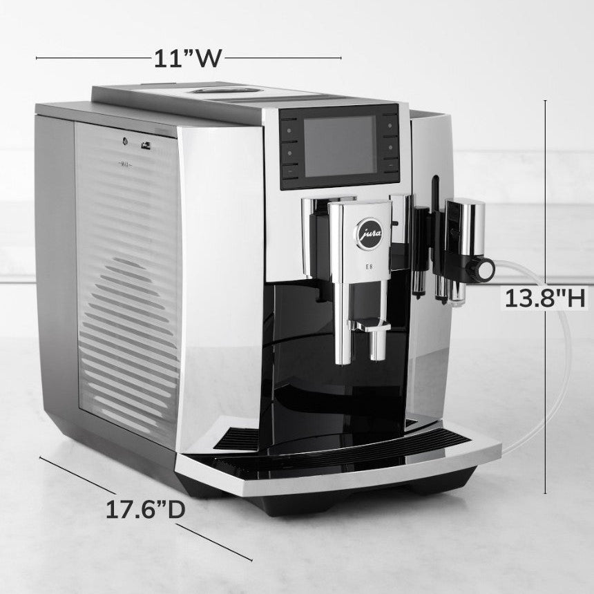 Coffee machine with dimensions labeled on a white background