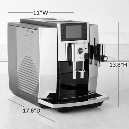 Coffee machine with dimensions labeled on a white background