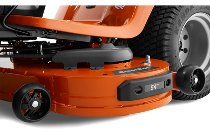 Close-up of an orange lawn mower with a visible brand logo on a white background
