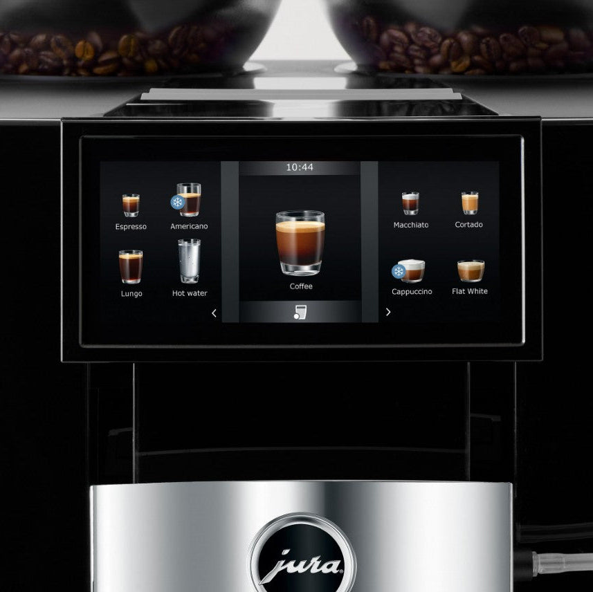 Jura coffee machine with a digital display showing various coffee options.