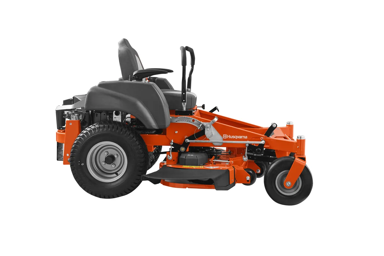 Orange and black zero-turn lawn mower on a white background