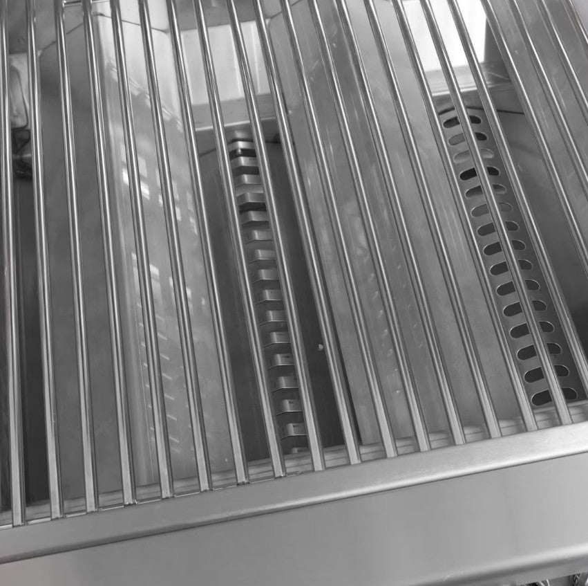 Close-up of a metallic grill with horizontal slats
