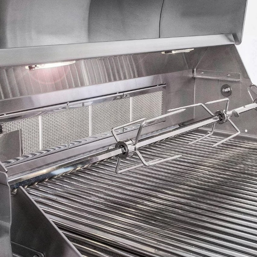 Close-up of a stainless steel grill with a hood