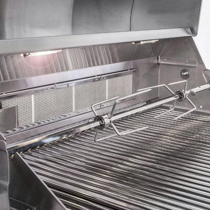 Close-up of a stainless steel grill with a hood