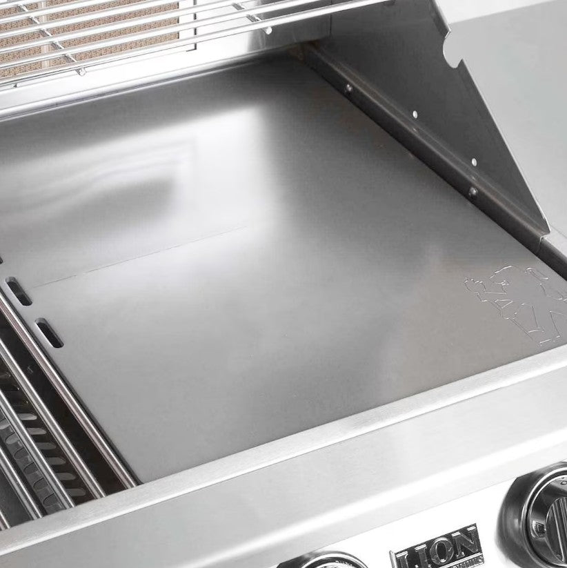 Stainless steel grill with visible brand logo on a blurred background