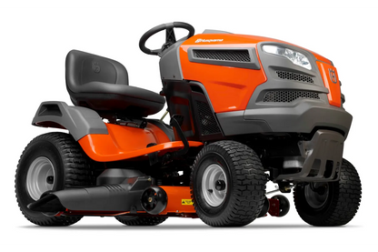 Orange and gray Husqvarna riding lawn mower on a white background