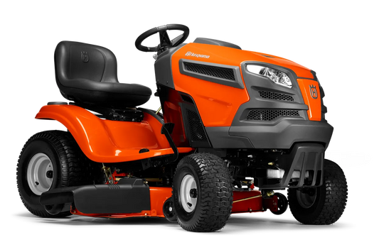 Orange and black riding lawn mower on a white background