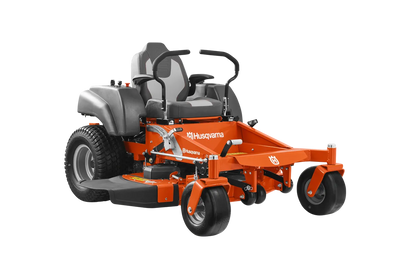 Orange and gray Husqvarna riding lawn mower on a white background