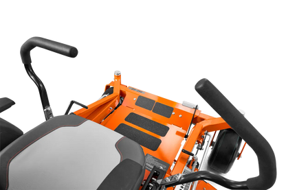 Close-up of a lawn mower with orange body and black handles on a white background