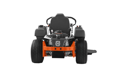 Back view of a lawn mower on a white background