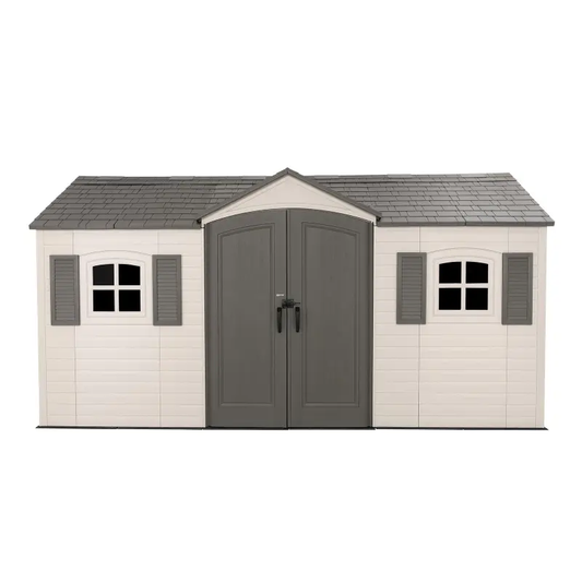 Storage shed with a gray door and roof on a white background