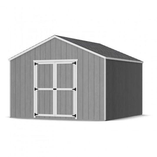 Gray storage shed with a white door on a white background