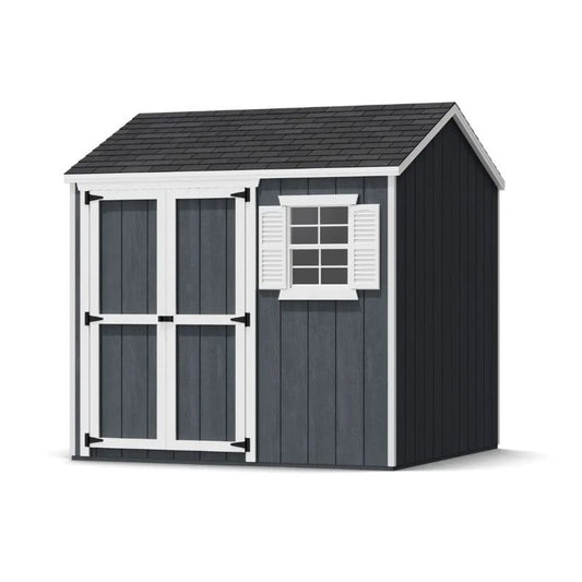 Small storage shed with a dark gray exterior and white trim on a white background