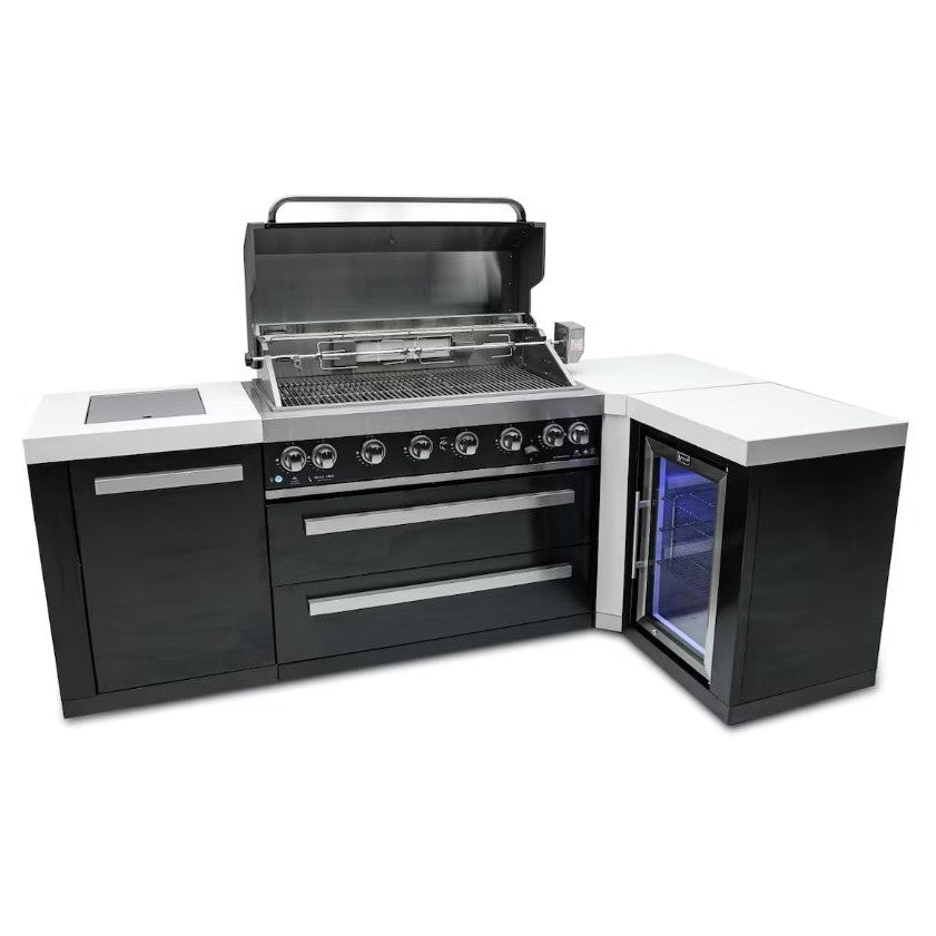 Outdoor kitchen with grill, oven, and refrigerator on a white background