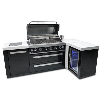 Outdoor kitchen with grill, oven, and refrigerator on a white background