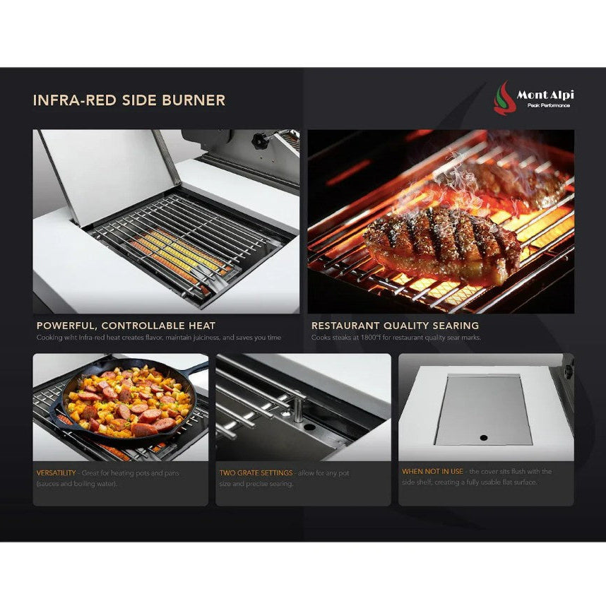 Mont Alpi infra-red side burner with cooking demonstrations on a black background