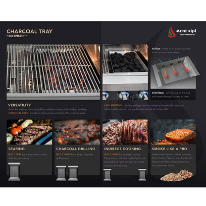 Promotional image of a charcoal tray for grill with features and uses highlighted.