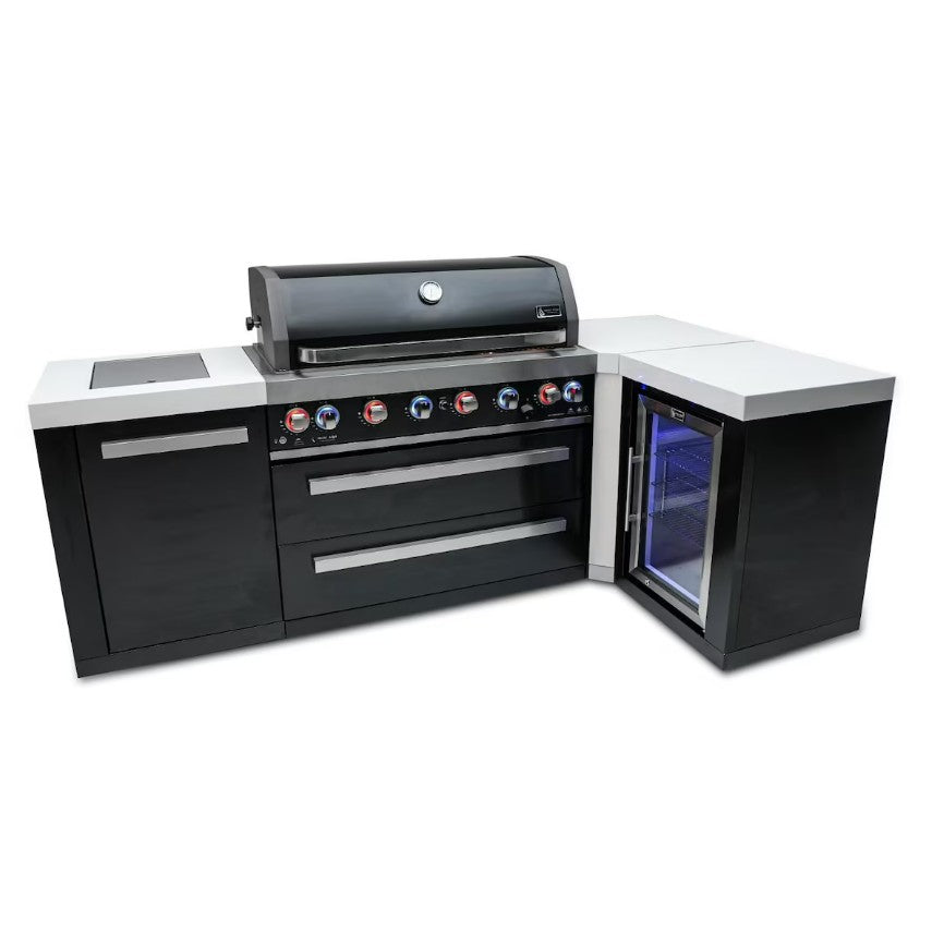 Outdoor kitchen grill and refrigerator combo on a white background