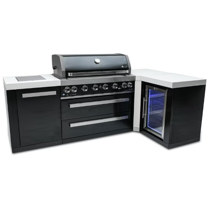 Outdoor kitchen island with grill and refrigerator on a white background