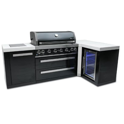 Outdoor kitchen island with grill and refrigerator on a white background