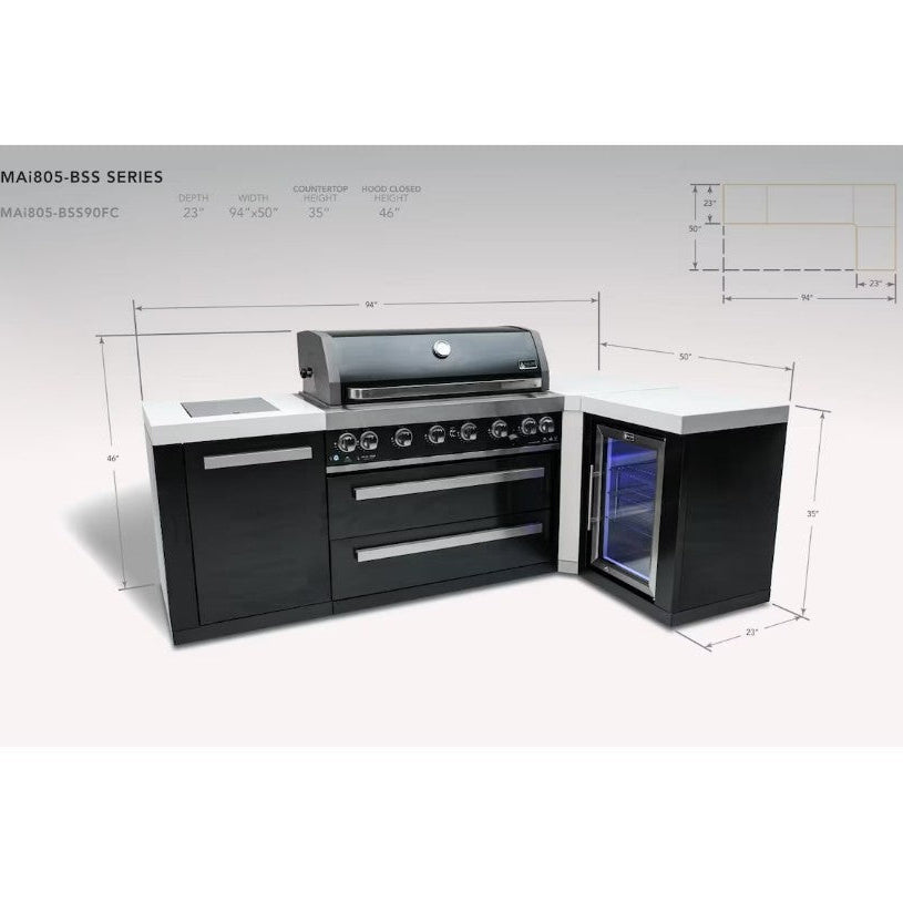 Outdoor kitchen island with grill and refrigerator, featuring dimensions on a gray background.