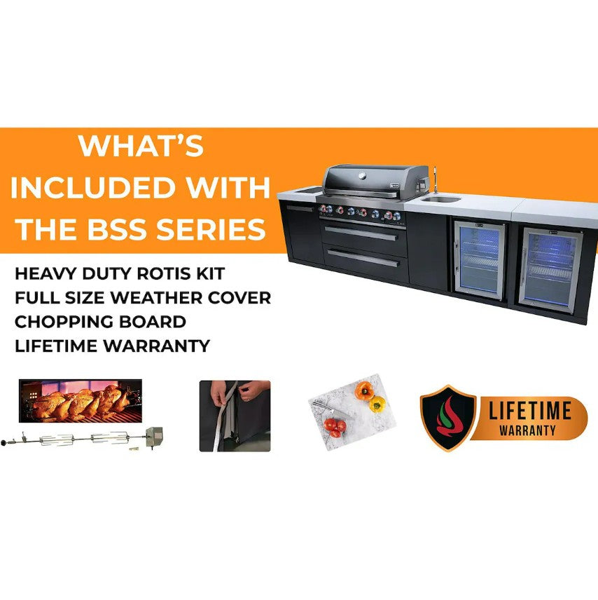 Outdoor kitchen series with grill and cabinets, featuring included items and warranty information.