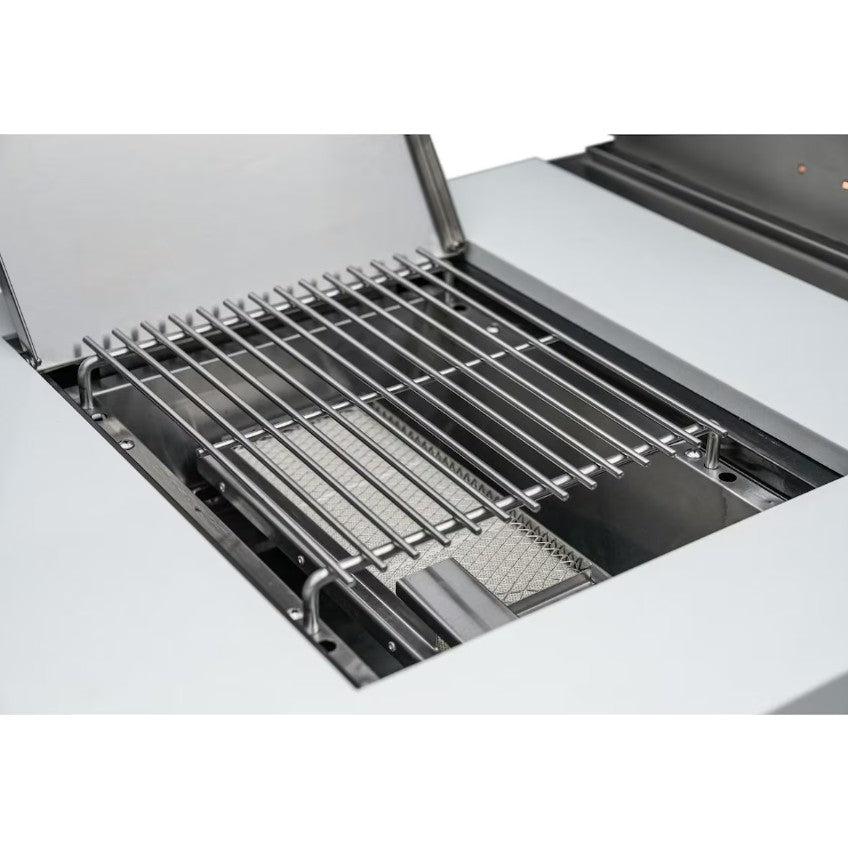 Stainless steel grill with open lid on a white background