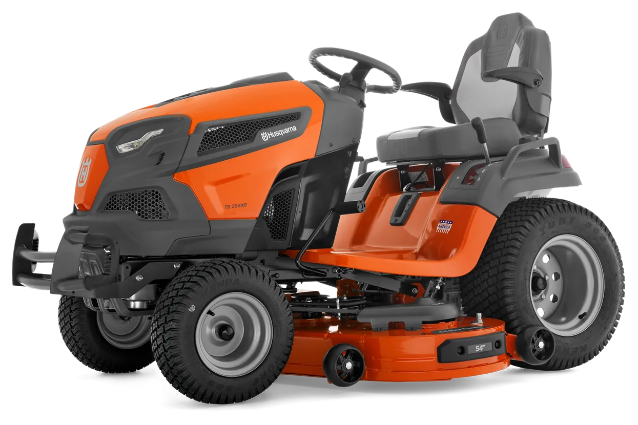 Orange and black riding lawn mower on a white background