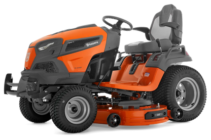 Orange and black riding lawn mower on a white background