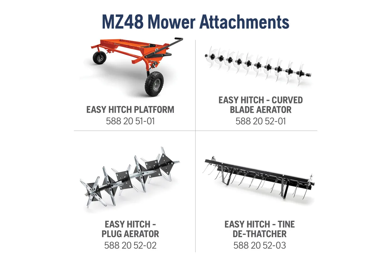 MZ48 Mower Attachments with product names and numbers on a white background