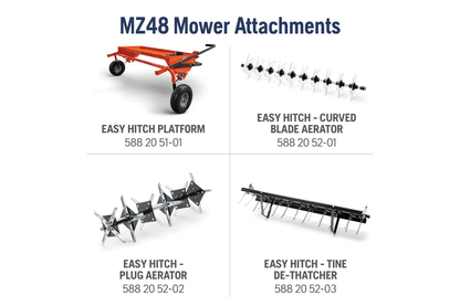 MZ48 Mower Attachments with product names and numbers on a white background