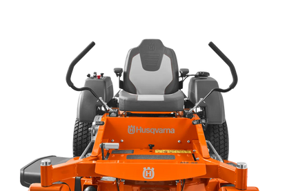 Orange Husqvarna riding lawn mower on a white background
