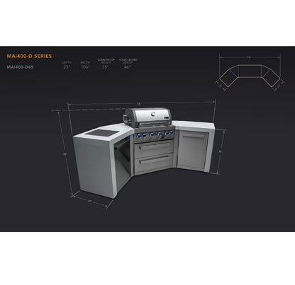 Outdoor kitchen grill setup with dimensions on a black background