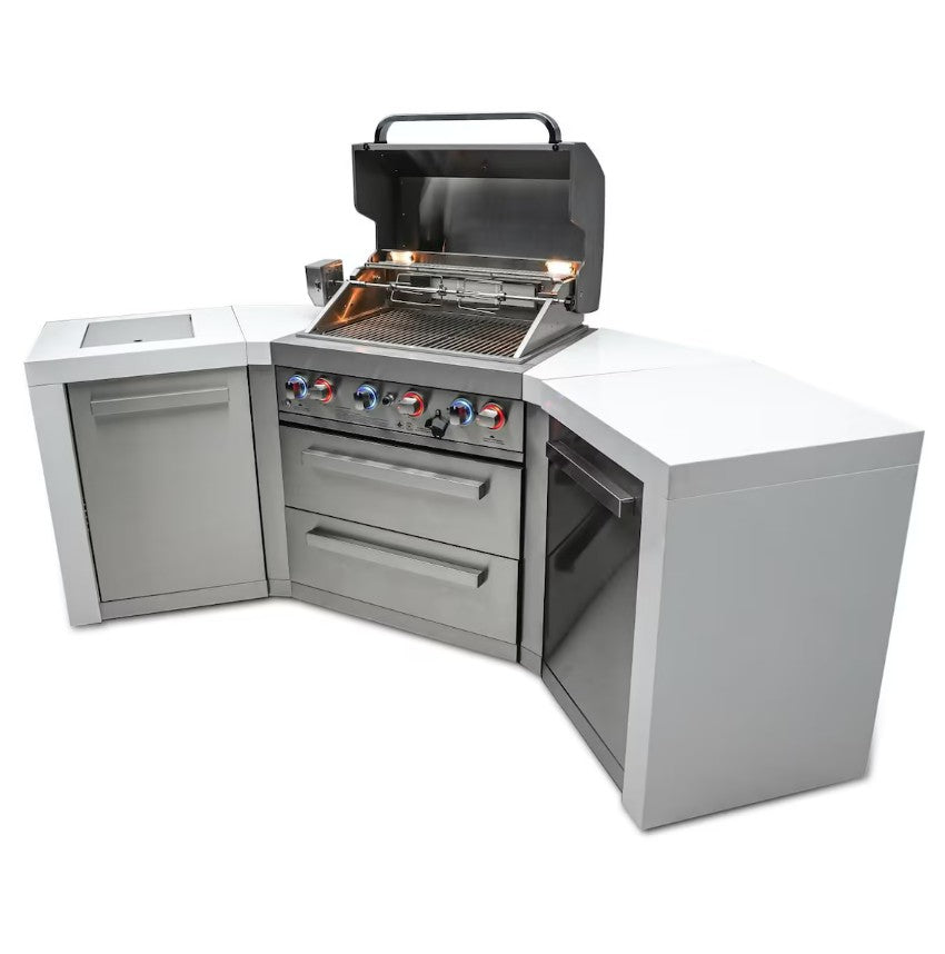 Outdoor kitchen island with grill on a white background