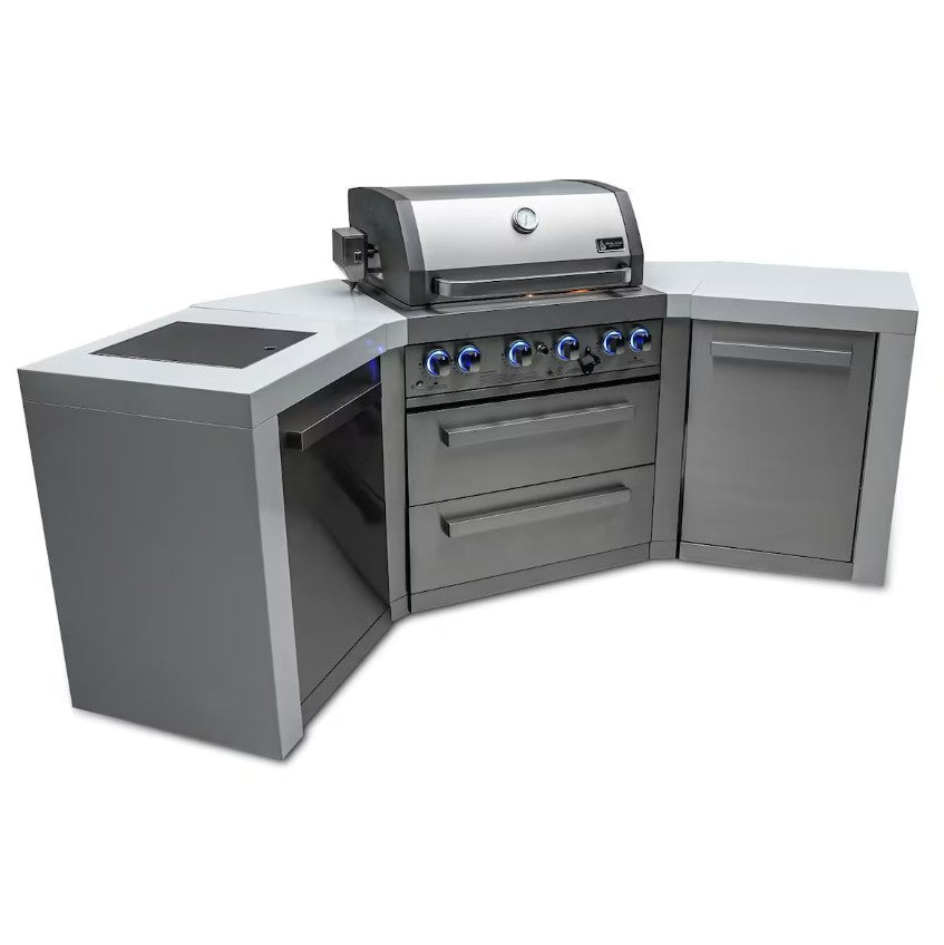 Outdoor kitchen grill with cabinets on a white background