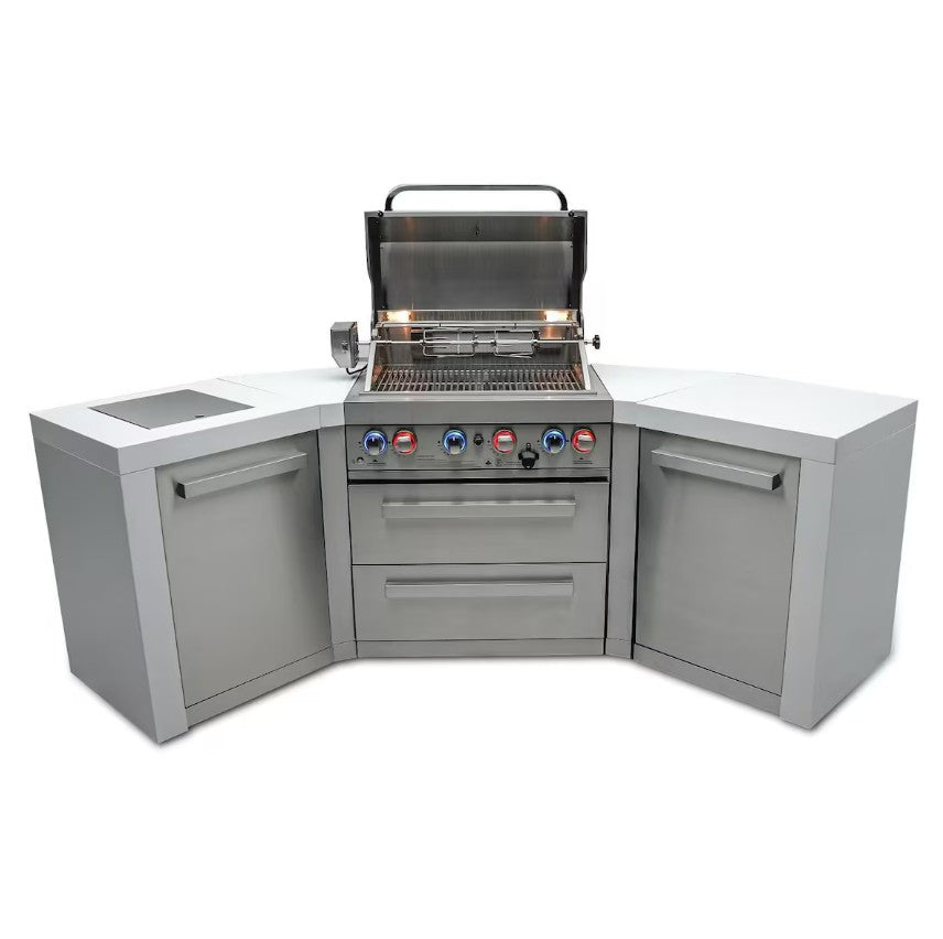 Outdoor kitchen with grill and cabinets on a white background