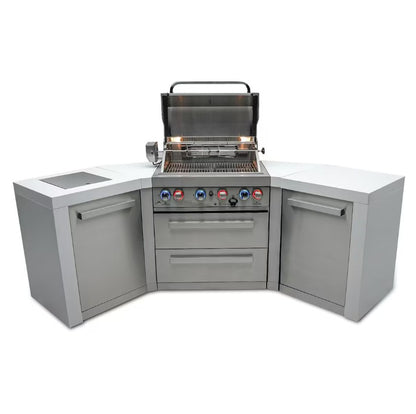 Outdoor kitchen with grill and cabinets on a white background