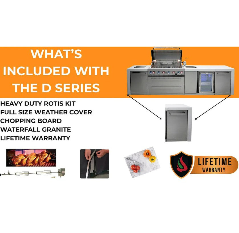 Outdoor kitchen series with features listed on an orange banner