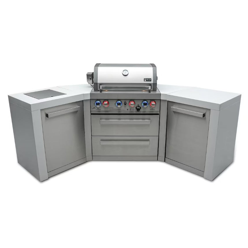 Outdoor kitchen grill with cabinets on a white background