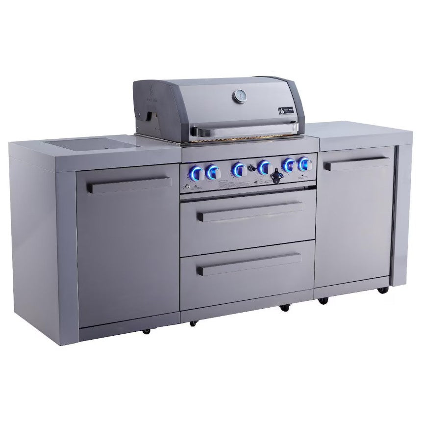 Stainless steel outdoor kitchen grill and cabinets on a white background