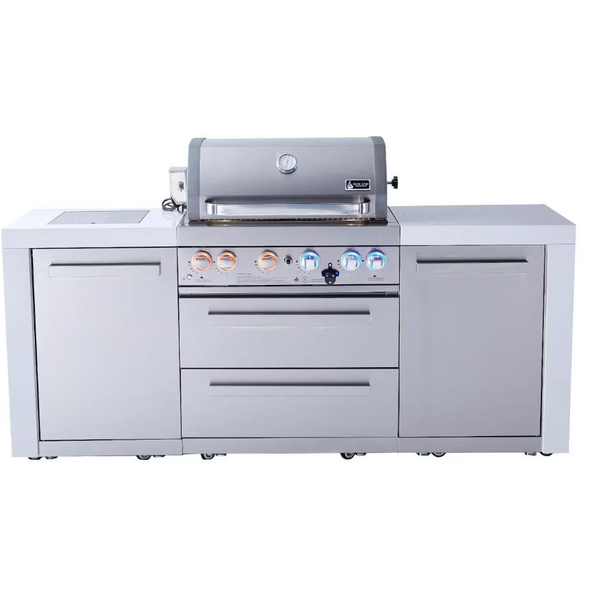 Stainless steel outdoor kitchen grill and cabinets on a white background